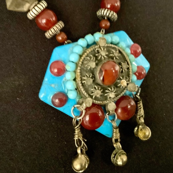 Handmade NECKLACE TURQ HOWLITE/CARNELIAN STONE UNIQUE VINTAGE AFGHAN Silver - Picture 16 of 16